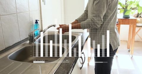 Digital Interface Concept Over Woman Washing Hands in Kitchen