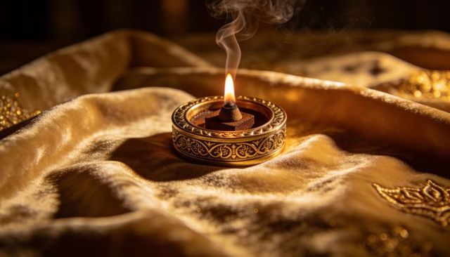 Burning filigree brass lamp on gold satin with curling smoke, warm glow and ornate engraving