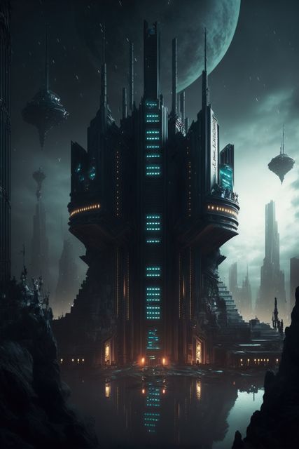 Futuristic cityscape under moonlight with towering skyscrapers and futuristic technology. Advanced architecture and floating structures give an eerie, cyberpunk vibe. Ideal for science fiction themes, book covers, gaming concepts, and fantasy settings to depict advanced futuristic scenes.