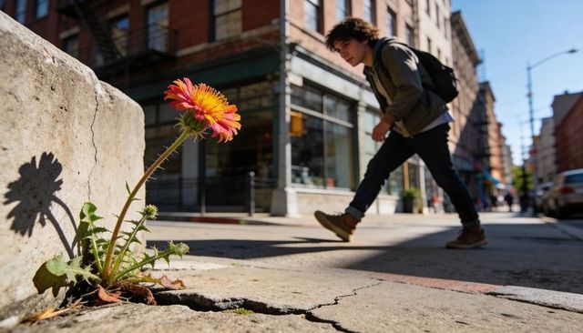 Resilient orange daisy growing from city curb crack, casting shadow, pedestrian passing