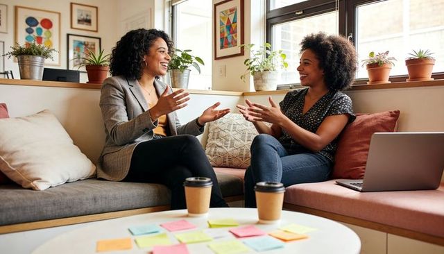 Two women collaborating in cozy office nook, brainstorming with laptop and sticky notes