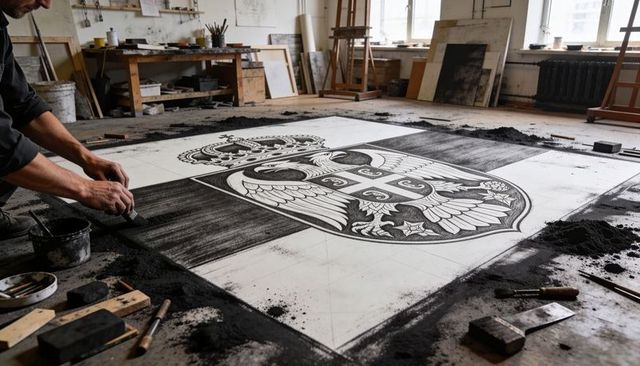 Drawing large monochrome heraldic crest on studio floor with charcoal pigment and tools