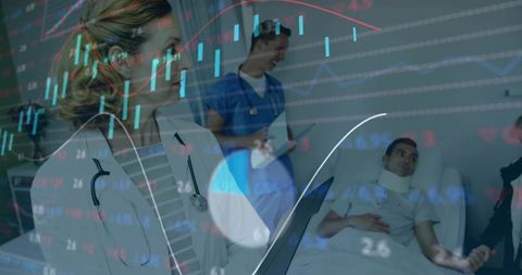 Female doctor examining neck-brace patient while reviewing digital charts and analytics