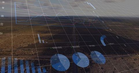 Aerial highway desert with translucent data analytics overlay visualizing remote monitoring