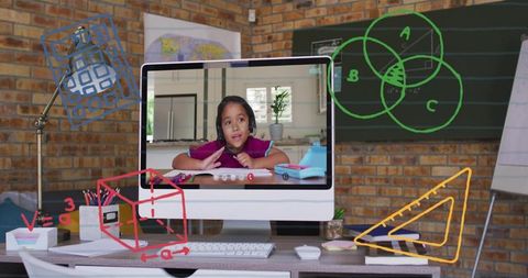Young girl attending virtual math lesson at home desk with colorful floating geometry