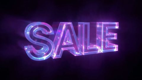 Neon Glass 3D SALE Text Floating with Holographic Glow, Futuristic Reflections and Particles