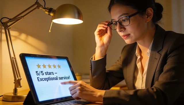 Executive reviewing five-star customer rating on tablet at night desk with brass lamp