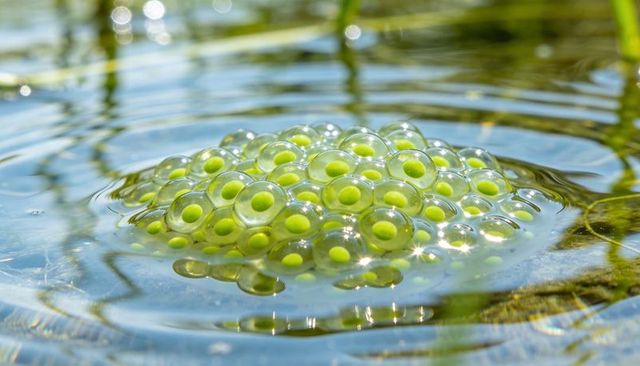 Glowing frog egg raft floating on pond surface with sunlit reflections and ripples