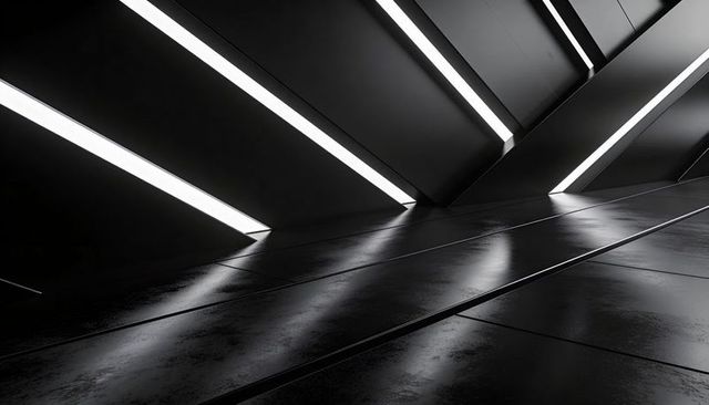 Diagonal light strips creating geometric reflections on glossy floor, minimalist interior