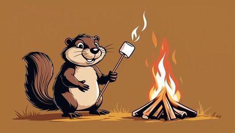 Cartoon beaver roasting marshmallow at campfire