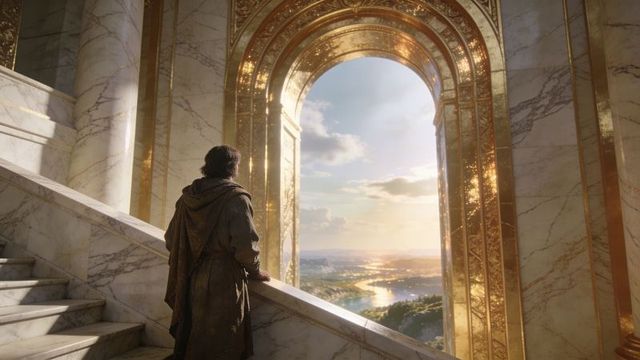 Cloaked traveler gazing through gilded arch at sunlit river valley and distant horizon