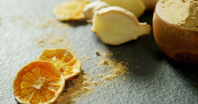 Dried Orange Slices and Fresh Ginger on Slate Surface - Download Free Stock Images Pikwizard.com