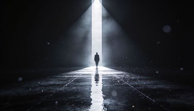 Solitary figure walking toward light shaft on wet reflective floor with mist and particles