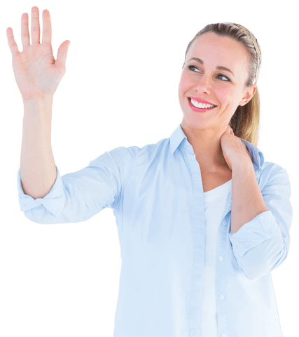 Smiling Woman Raising Hand with Bright Expression Transparent Background - Download Free Stock Videos Pikwizard.com
