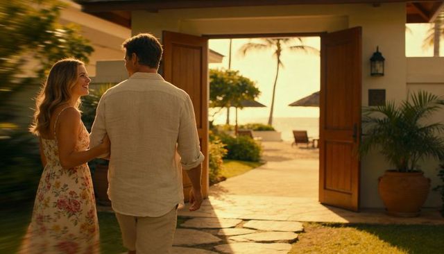 Couple walking through open villa doors toward sunset beach retreat with palm trees and lounge