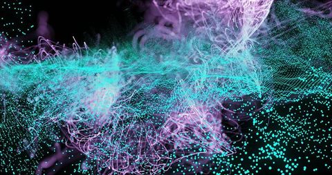 Swirling cyan particle cloud forming luminous mesh with magenta filaments in digital space