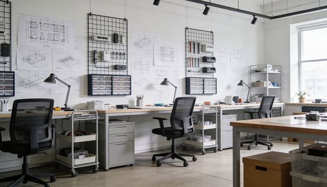 Bright minimal makerspace workstations with mesh chairs, organized prototyping benches