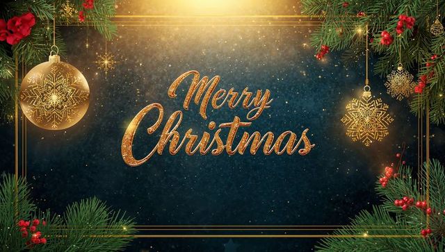Glittering Gold Merry Christmas Greeting with Ornate Baubles, Snowflakes and Evergreen Border