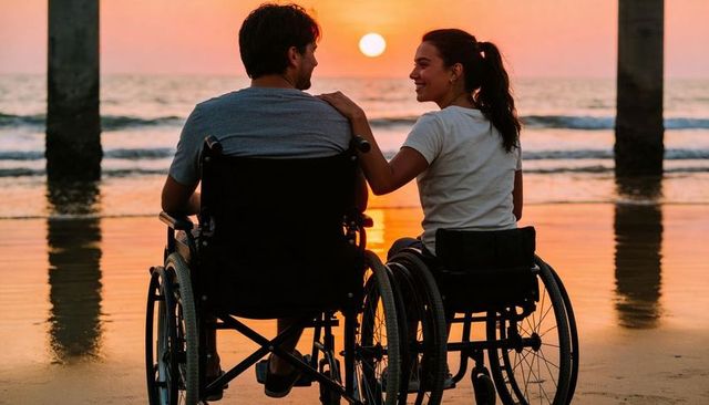 Manual wheelchair couple watching sunset on beach, inclusive romance and accessible travel