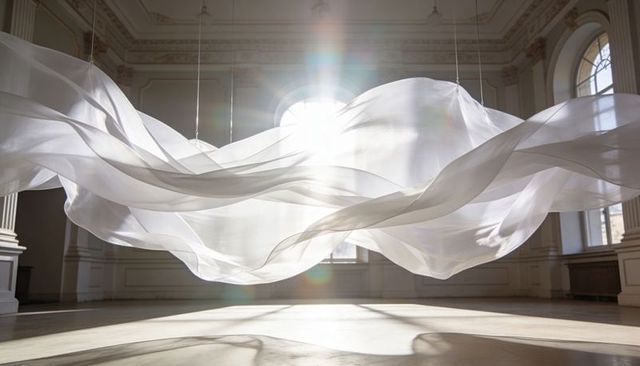 Floating sheer fabric installation in sunlit neoclassical gallery casting ethereal shadows