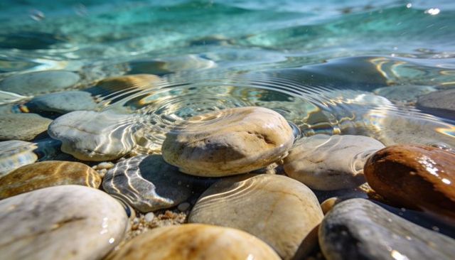 Sunlit rounded pebbles in crystal shallow water with rippling caustics and turquoise glow