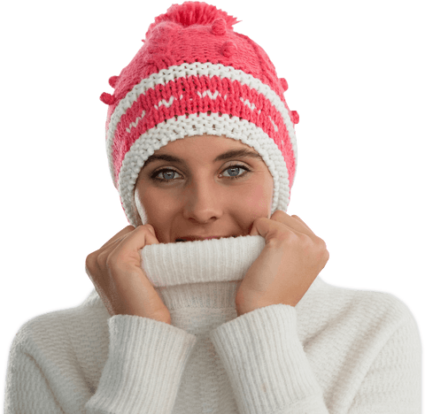 woman pulling turtleneck covering face, pink and white knit hat - Download Free Stock Videos Pikwizard.com