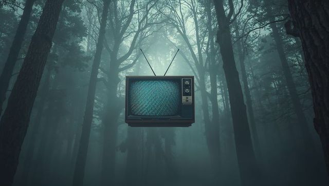 Surreal floating vintage tv broadcasting static above foggy pine forest in teal mist