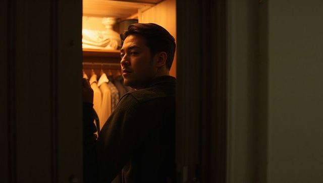 Man turning over shoulder inside warm-lit closet, intimate wardrobe moment at dusk