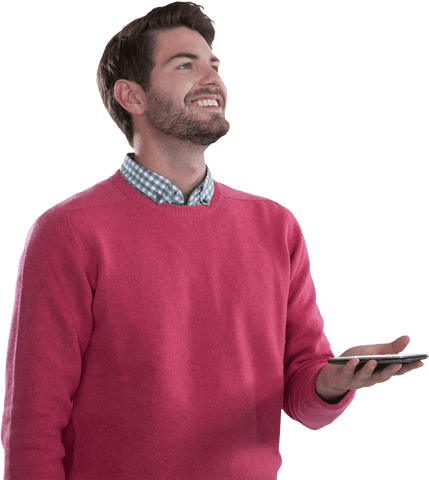 Smiling Man Holding Phone with Enthusiastic Expression, Transparent Background - Download Free Stock Videos Pikwizard.com