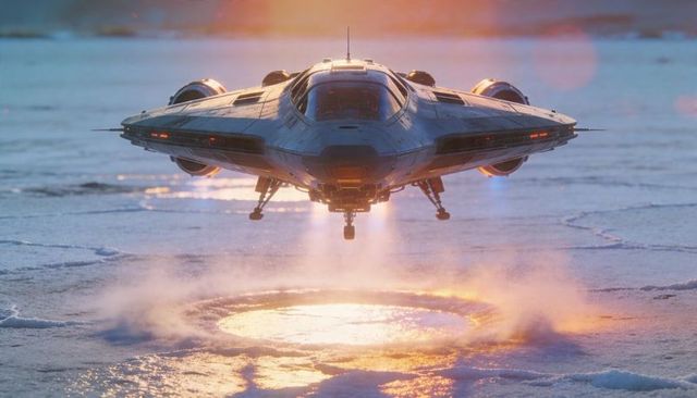 Hovering futuristic spacecraft casting warm orange glow over mirrored frozen plain