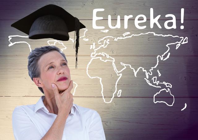 Digital composition of thoughtful senior woman with mortar boar above her head and world map with text eureka in background
