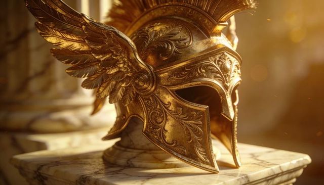 Ornate winged golden helmet on marble plinth with filigree scrollwork and warm glow