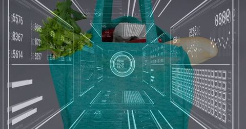 Projecting holographic data corridor over torso wearing visor and teal jacket
