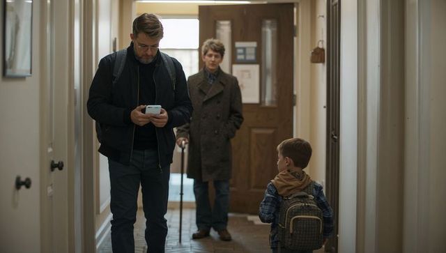 Father checking phone while walking down hallway past child with backpack and grandfather