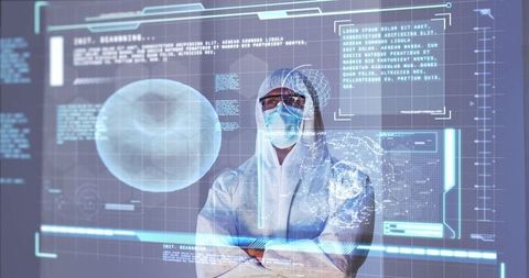 Scientist with interactive digital medical screen