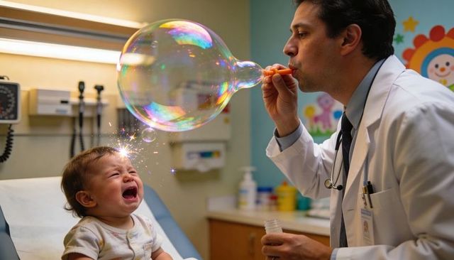 Pediatrician blowing giant iridescent bubble to soothe crying infant during exam