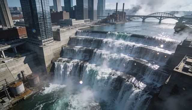 Pouring water over tiered urban spillway with industrial power plant and river bridge