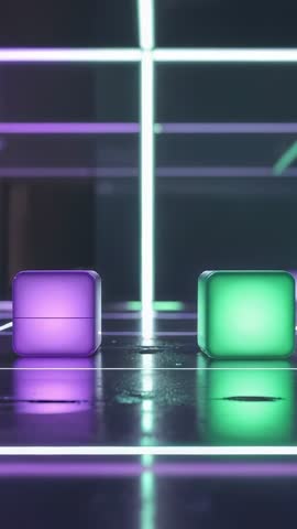 Vertical neon grid studio pulsing violet and green cubes, futuristic holographic tech loop