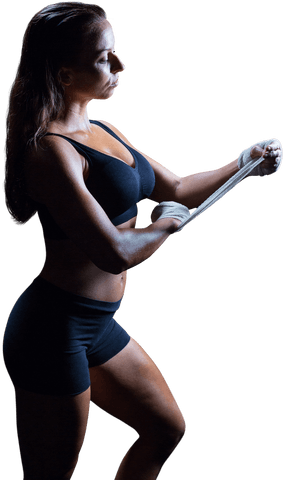 Confident female boxer tying hand wrap in transparent background