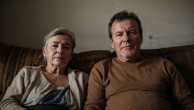 Senior couple sitting on living room sofa showing stained wall, quiet resilience and domestic intima