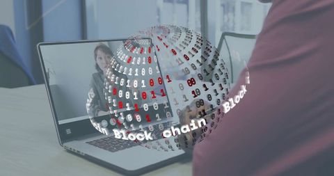 Holographic blockchain globe overlaying remote video conference on laptop for tech workspace