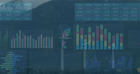 Financial Charts Overlay on Wind Turbines Scenic View