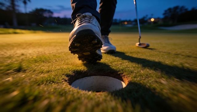 Twilight golfer stepping over cup on putting green, close-up golf shoe hovering above hole