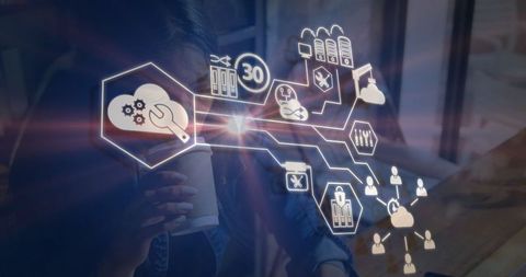 Woman using technology devices and networking concepts