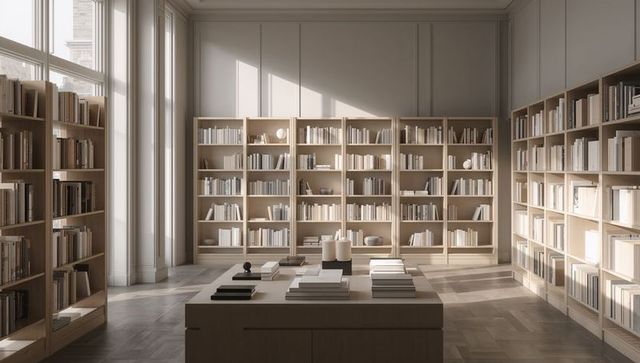 Sunlit minimalist bookstore showcasing low wooden table with stacked books and candles