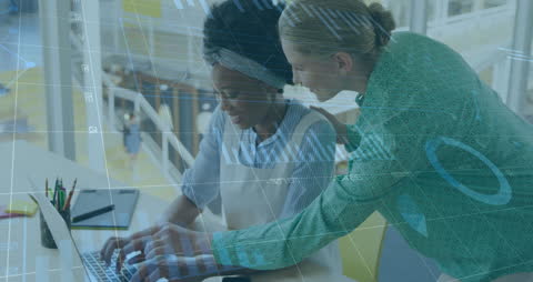 Diverse Women Analyzing Data with Technology Overlay