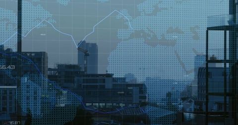 Global market data overlaying urban skyline with line charts and construction crane at dusk