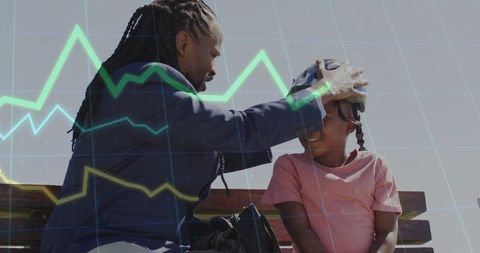 Guardian fitting helmet on child at park bench with data overlays blending safety analytics