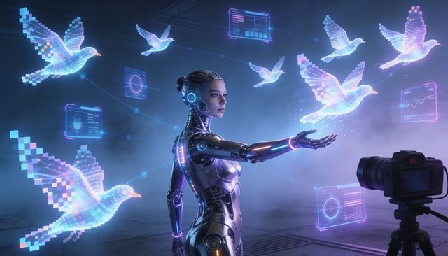 Female android reaching toward holographic pixel doves with neon ui panels