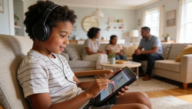 Boy Using Tablet with Headphones in Family Living Room, Learning and Relaxing on Armchair
